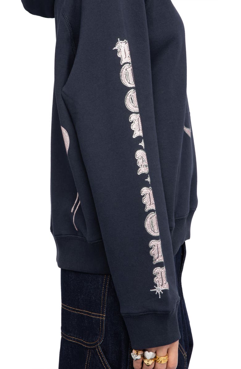 Zadig & Voltaire Georgy Multi Heart Strass Crystal Embellished Cotton Graphic Hoodie, Alternate, color, Encre