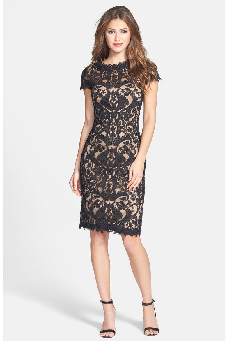 Illusion Yoke Lace Sheath Dress, Alternate, color, BLACK/ NUDE