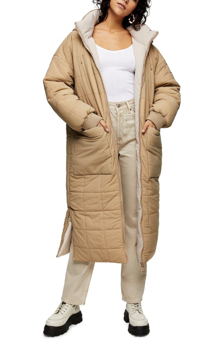 Topshop Pearl Padded Hooded Longline Coat, Main, color,