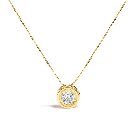 14K Yellow Gold 1 3/8 Cttw Bezel Set Round Diamond Solitaire Pendant Necklace
