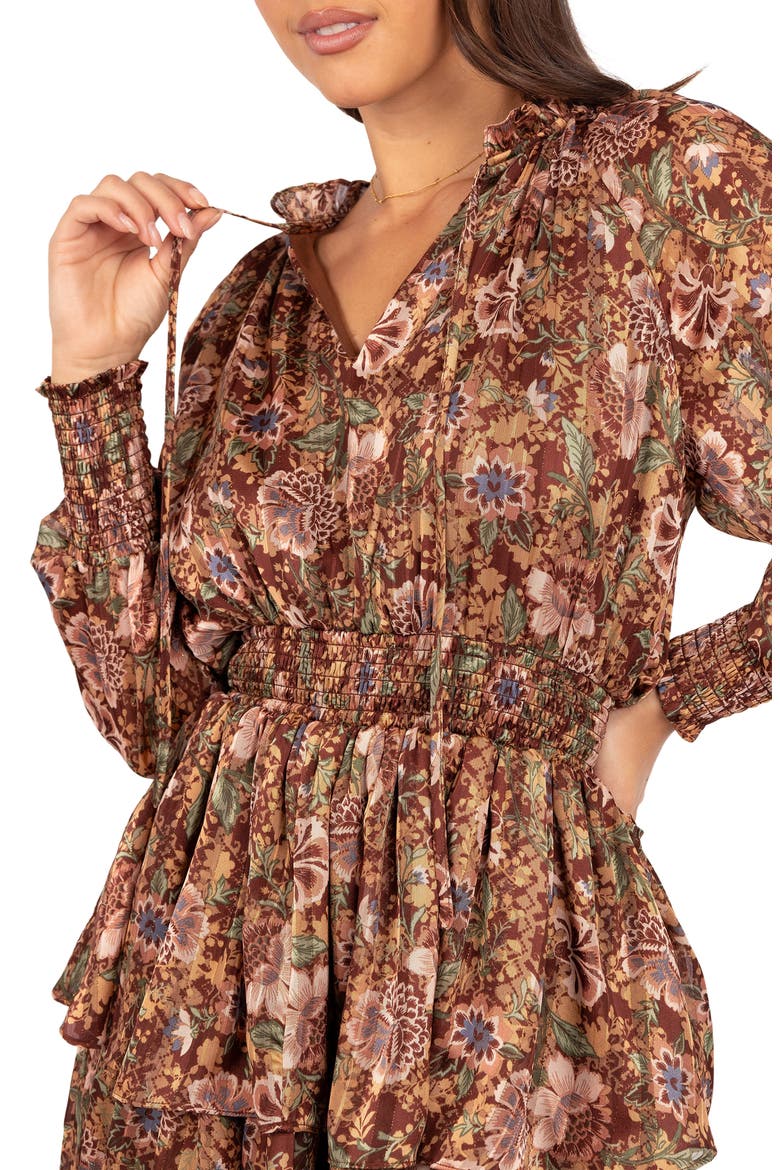 Alby Floral Long Sleeve Tiered Minidress, Alternate, color, CHOCOLATE BROWN