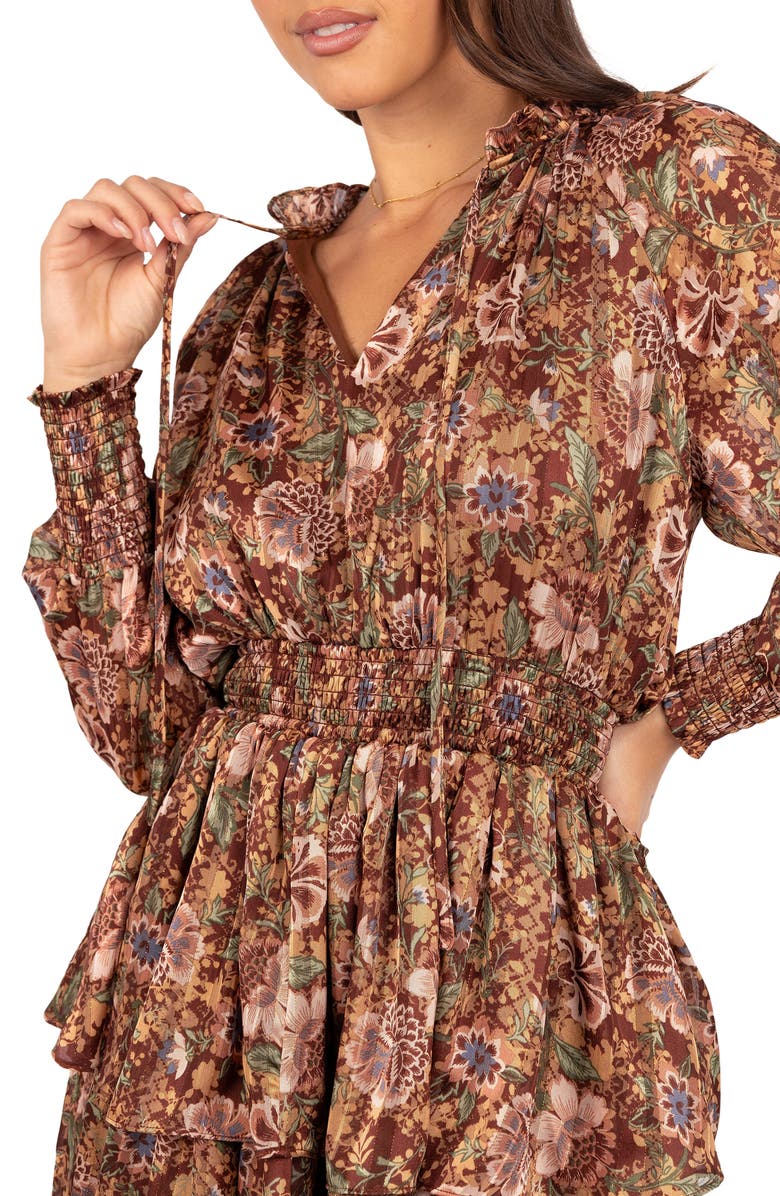 Petal & Pup Alby Floral Long Sleeve Tiered Minidress, Alternate, color, Chocolate Brown