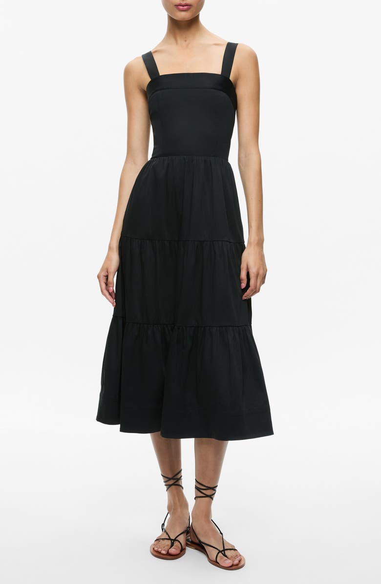 Alice + Olivia Saige Tiered Stretch Poplin Midi Dress, Main, color, 