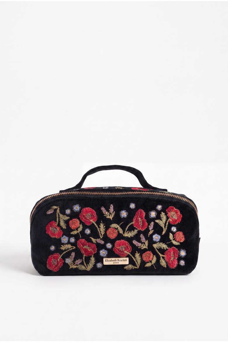 Poppy Meadow Velvet Open Flat Makeup Bag, Main, color, Charcoal