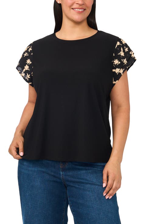 Eyelet Tiered Ruffle Sleeve Stretch Crepe Top (Plus)