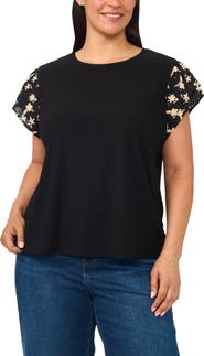 CeCe Eyelet Tiered Ruffle Sleeve Stretch Crepe Top