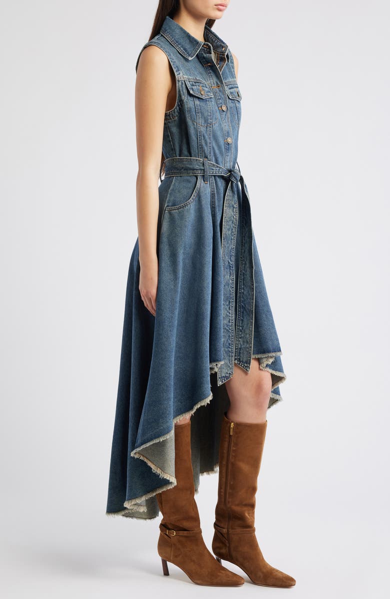 FREEMARKET Denim Tie Waist High Low Midi Dress, Alternate, color, Medium Indigo