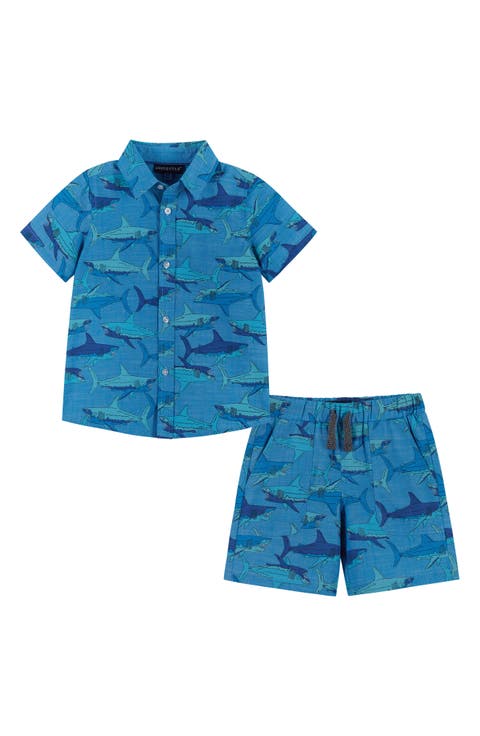 Kids' Shark Print Cotton Button-Up Shirt & Shorts Set (Toddler & Little Kid)