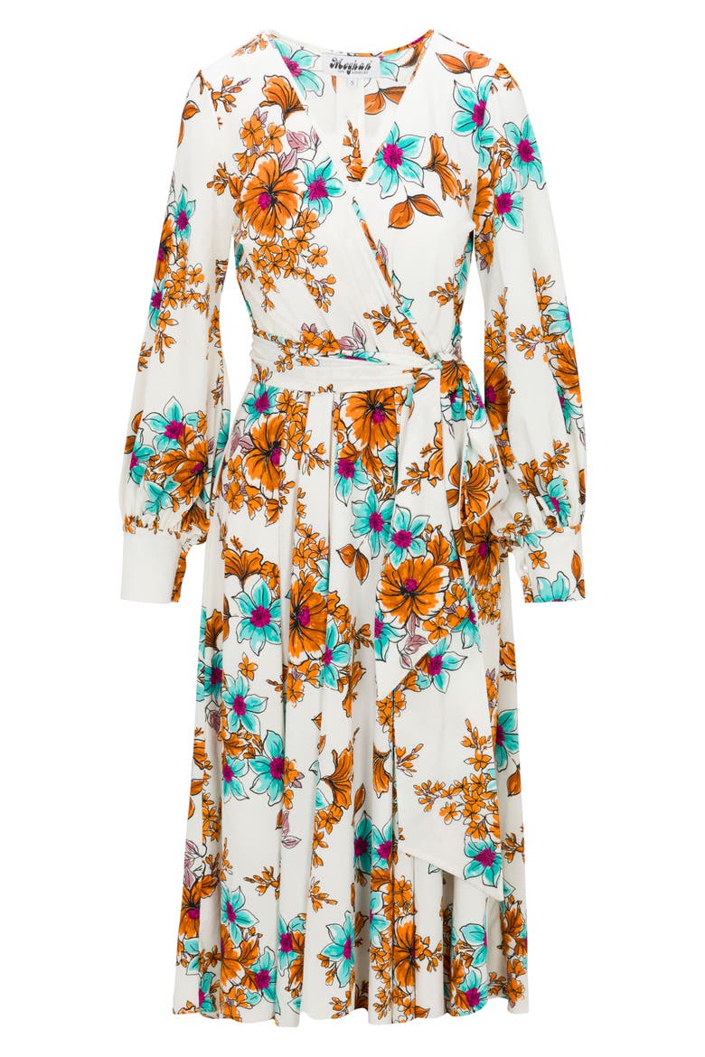 Lilypad Surplice Long Sleeve Wrap Midi Dress, Alternate, color, BEGONIA IVORY