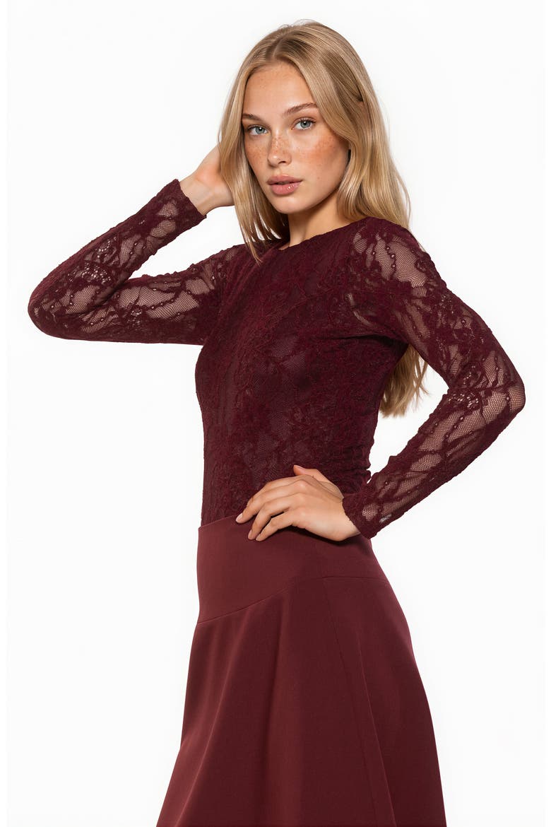 Celine Stretch Lace Bodysuit, Alternate, color, BURGUNDY