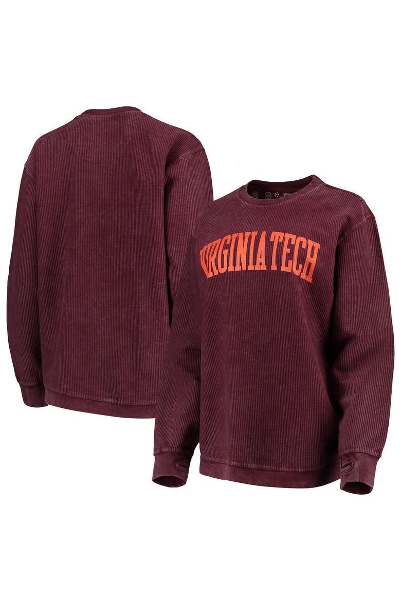 Women's Pressbox Maroon Virginia Tech Hokies Comfy Cord Vintage Wash Basic Arch Pullover Sweatshirt, Main, color, MAROON