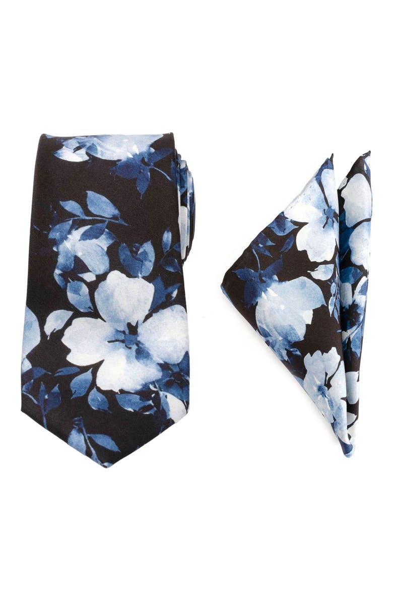 Floral Silk Tie & Pocket Square, Main, color, BLUE