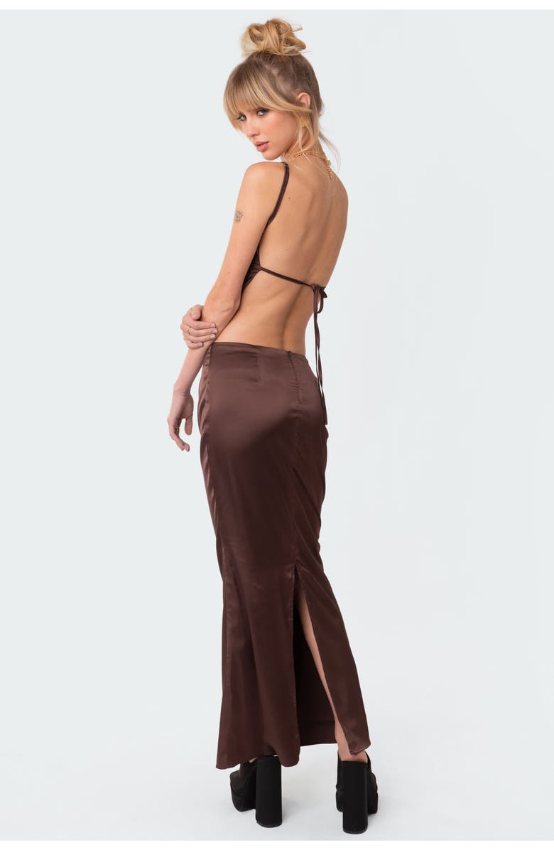 EDIKTED Ruched Satin Maxi Skirt, Alternate, color, Brown