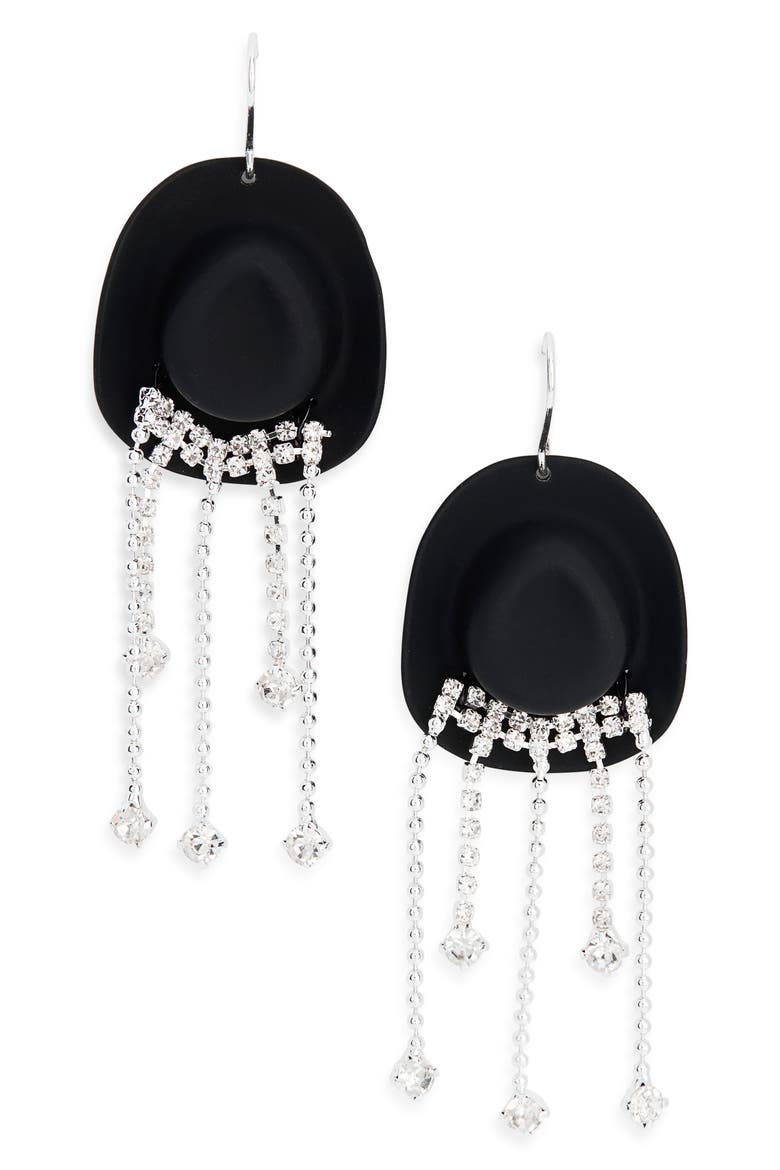 Cowboy Hat Crystal Fringe Earrings, Main, color, BLACK- SILVER