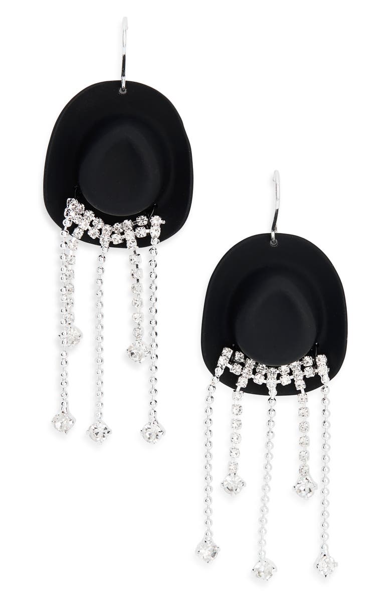 Leith Cowboy Hat Crystal Fringe Earrings, Main, color, Black- Silver