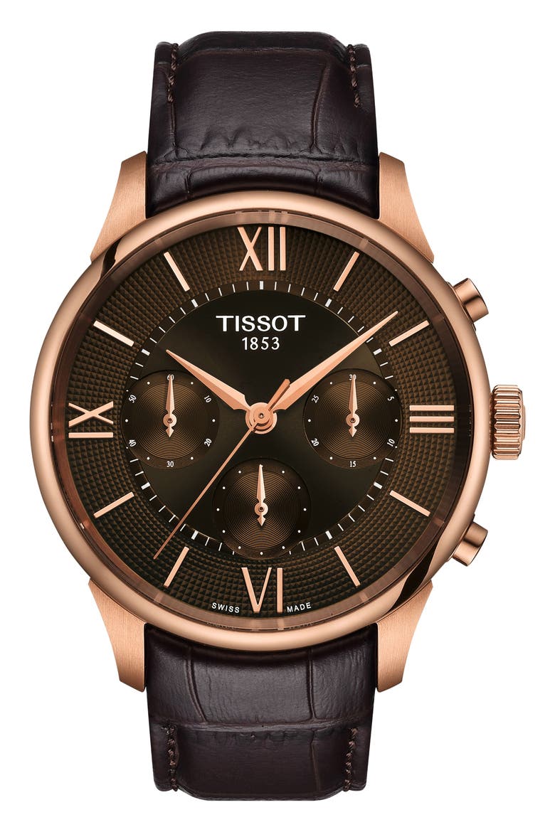 Chemin Des Tourelles Automatic Chronograph Leather Strap Watch, 42mm, Main, color, BROWN