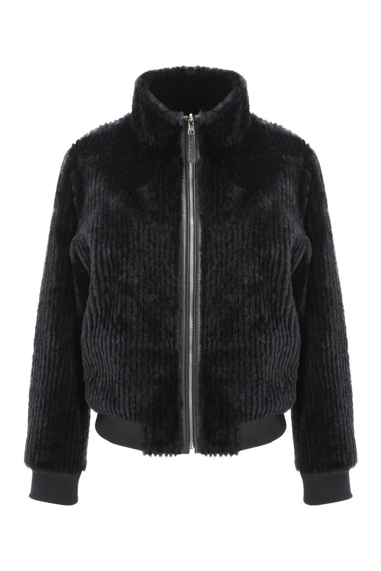 Reversible Grooved Genuine Shearling Insignia Bomber Jacket, Alternate, color, Navy/Black