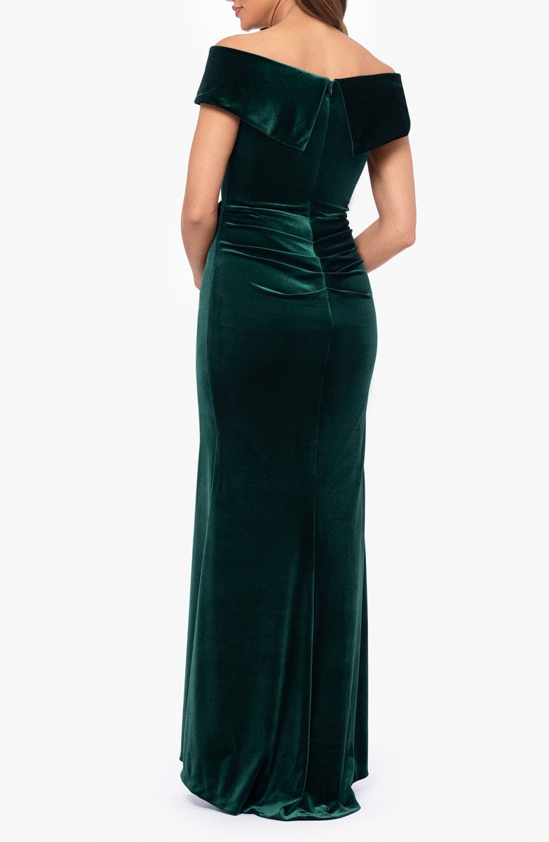 Xscape Evenings Ruffle Off the Shoulder Stretch Velvet Gown, Alternate, color, Hunter