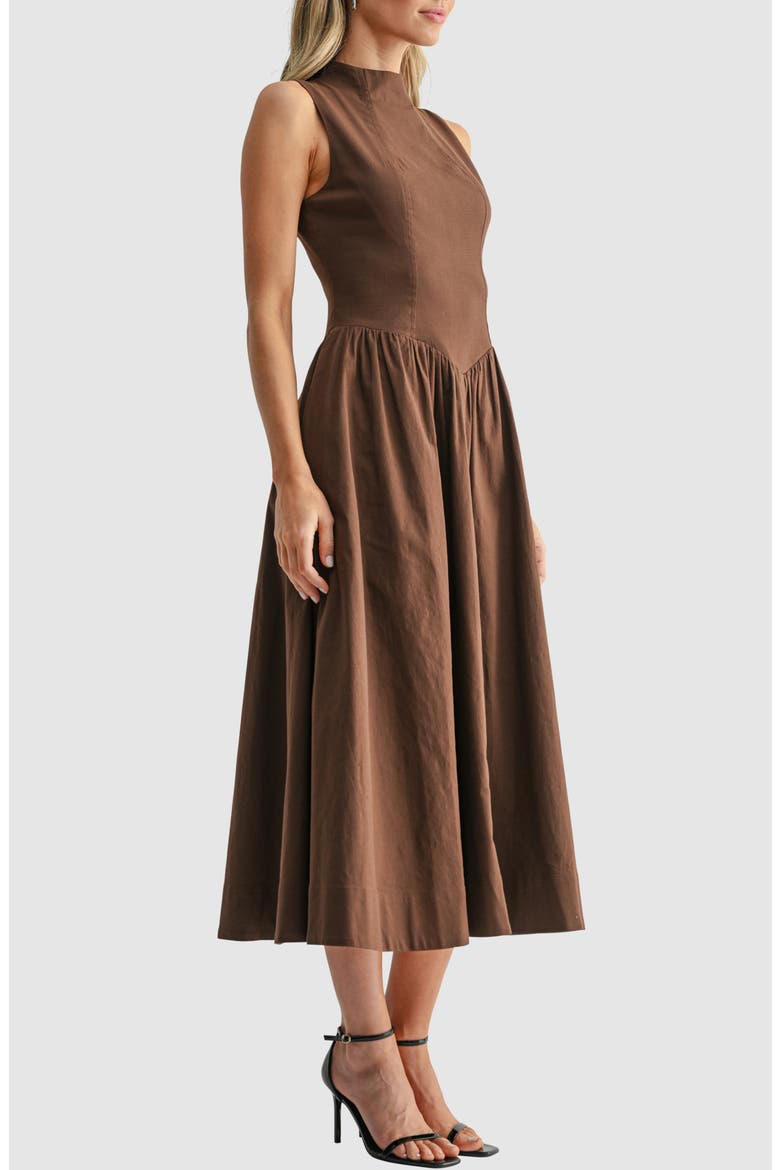 Mock Neck Drop Waist Fit & Flare Midi Dress, Alternate, color, BROWN