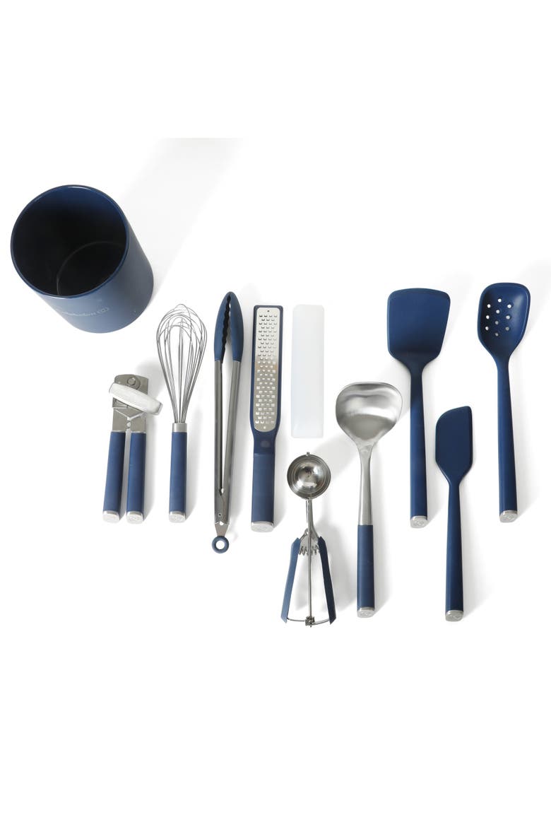 Edge 10-Piece Stainless Steel and Silicone Kitchen Utensil Set with Crock, Alternate, color, Navy