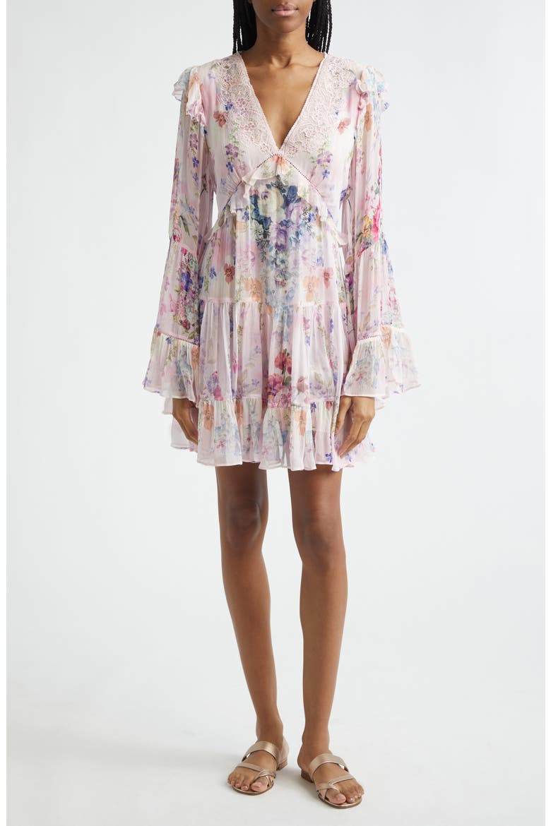 Floral Long Sleeve Silk Chiffon Tiered Minidress, Main, color, PALATIAL PASTELS