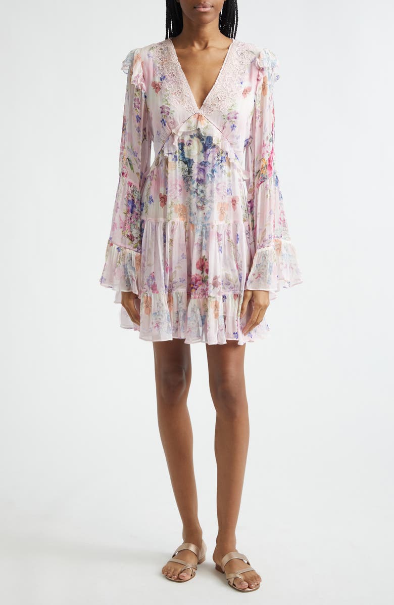 Camilla Floral Long Sleeve Silk Chiffon Tiered Minidress, Main, color, Palatial Pastels