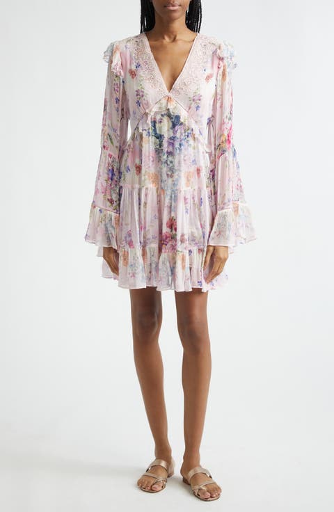 Floral Long Sleeve Silk Chiffon Tiered Minidress