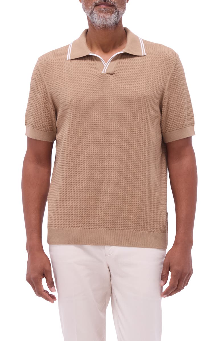 Bugatchi Tipped Johnny Collar Short Sleeve Sweater, Main, color, Camel
