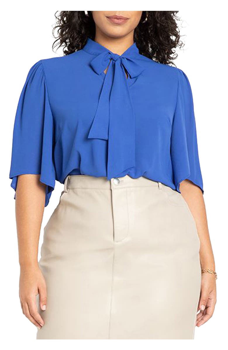 ELOQUII Bow Blouse With Flutter Sleeve, Main, color, Cobalt