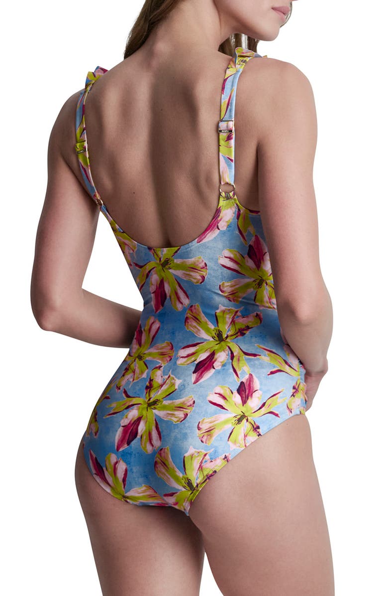DKNY Ruffle V-Neck One-Piece Swimsuit, Alternate, color, Calypso Floral Light Blue