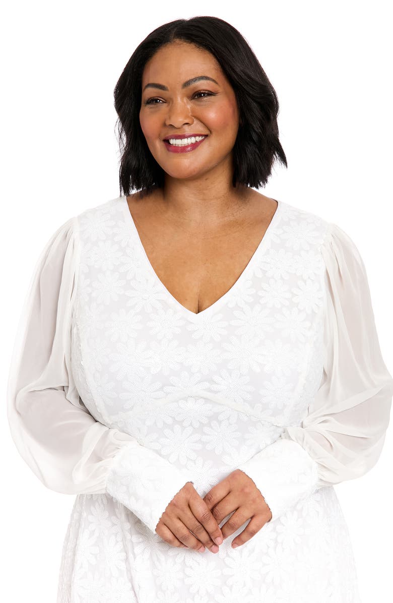 London Times Chiffon Sleeve Daisy Sequin Dress, Alternate, color, White/ White