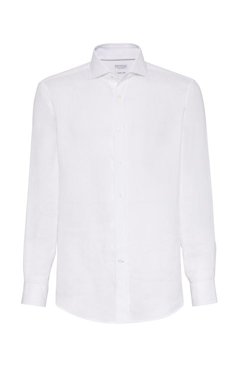 BRUNELLO CUCINELLI リネンジャージーシャツ　ネイビー×ホワイト Brunello Cucinelli - White & Brown Wide Stripe Cotton Sport