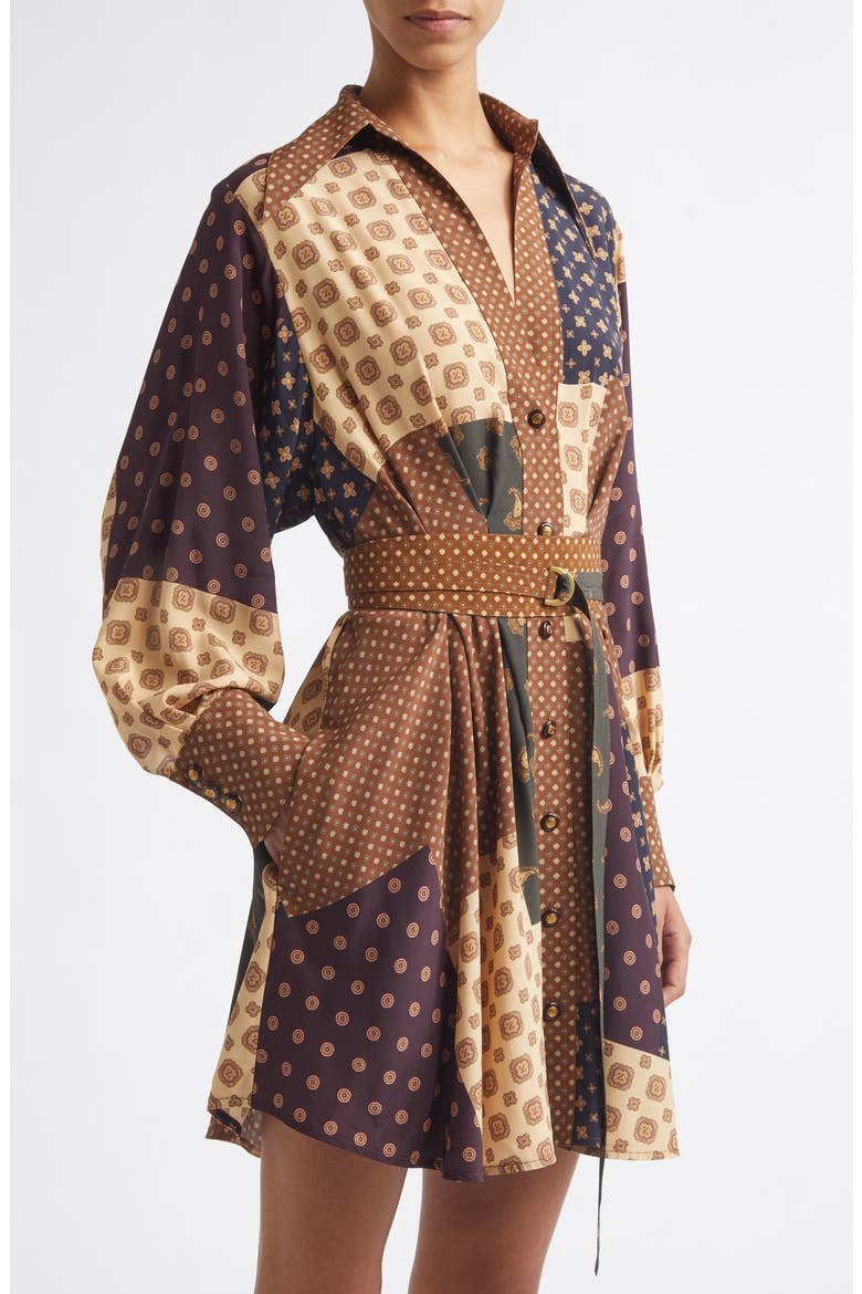 Patchwork Print Belted Long Sleeve Shirtdress, Alternate, color, GEO PATCH PRINT