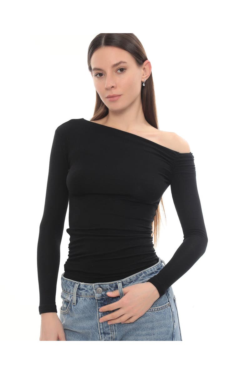 Monlicia Asymmetric Off Shoulder Long Sleeve Stretch Lune Top, Main, color, Black