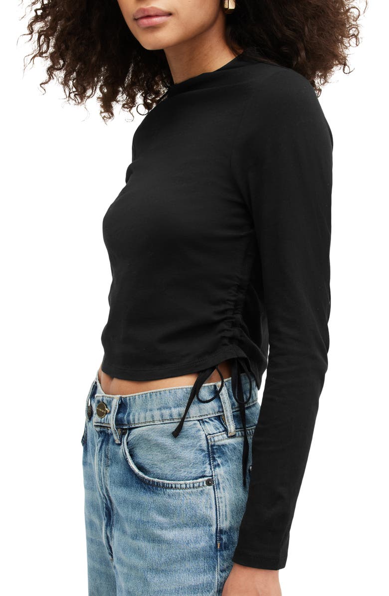 AllSaints Beta Ruched Funnel Neck Crop Top, Alternate, color, Jet Black