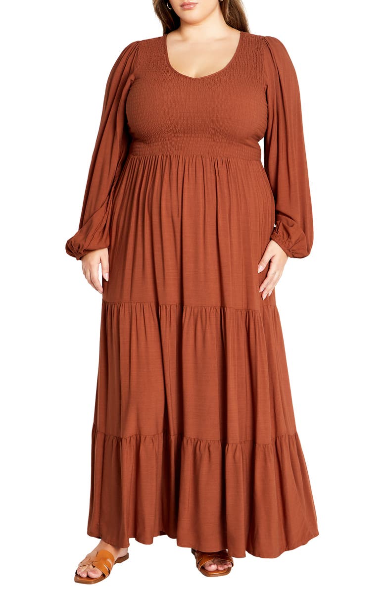 City Chic Jayden Smocked Bodice Long Sleeve Maxi Dress, Main, color, Masala
