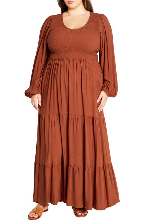 Jayden Smocked Bodice Long Sleeve Maxi Dress (Plus)
