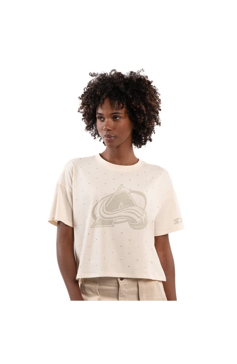 STARTER Women's Starter Cream Colorado Avalanche Rhinestone Sprinkle Boxy Cropped T-Shirt, Main, color, Cream