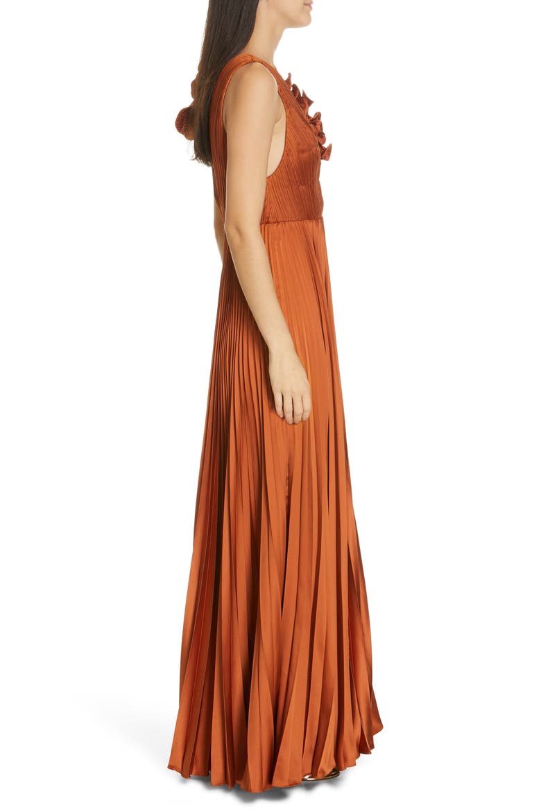 Aviva Pleated Satin Maxi Dress, Alternate, color, COPPER