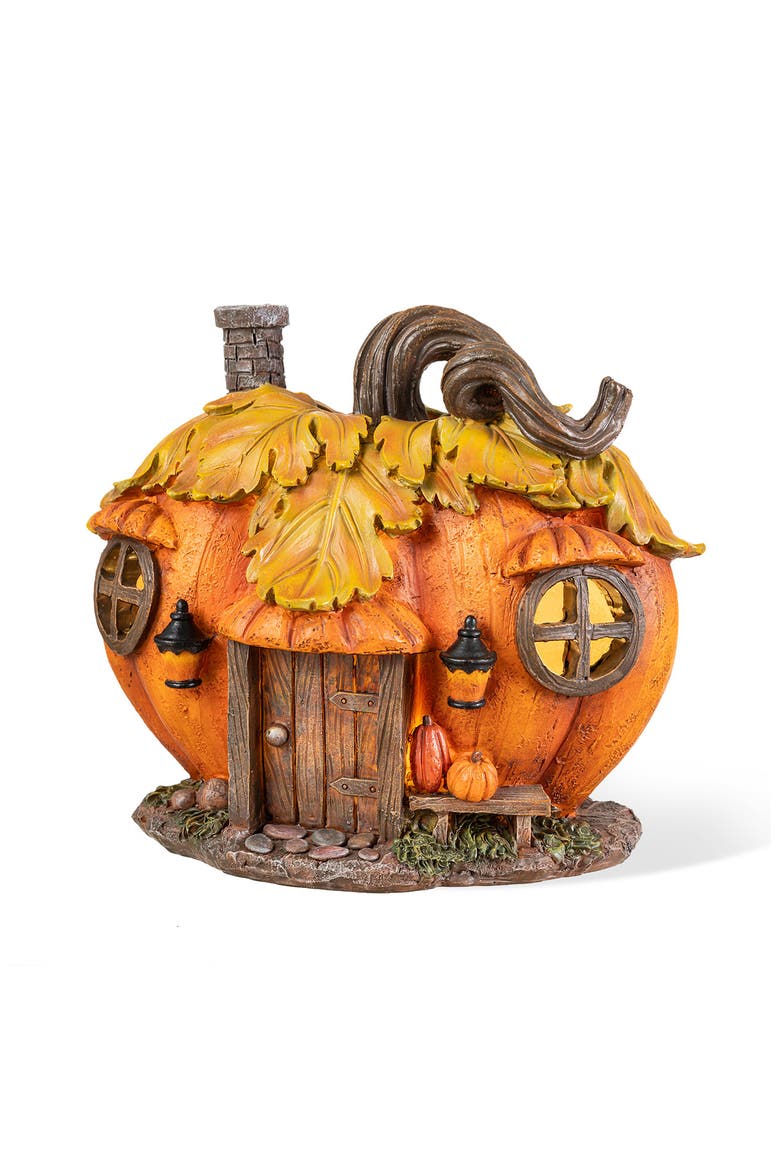8.5"L Fall Lighted Resin Pumpkin House Table Decor with Timer, Main, color, Brown