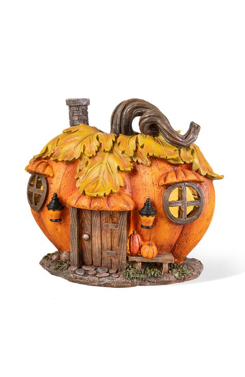 8.5"L Fall Lighted Resin Pumpkin House Table Decor with Timer