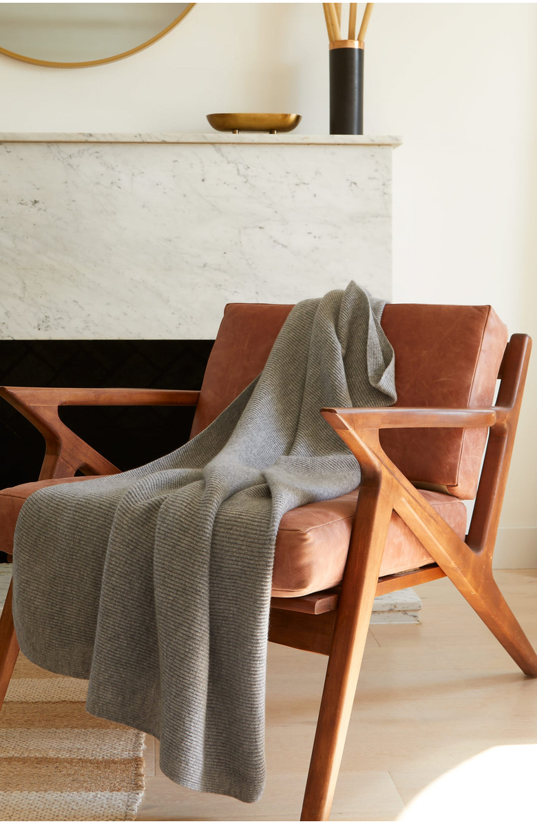 Italic Ribbed Cashmere Throw Blanket, Alternate, color, Heather Gray