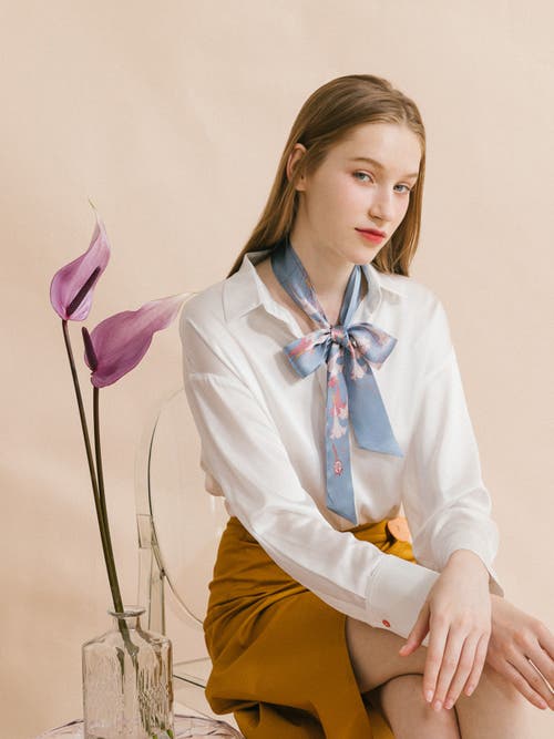 Lost Pattern Nyc "datura" Silk Skinny Scarf In Blue