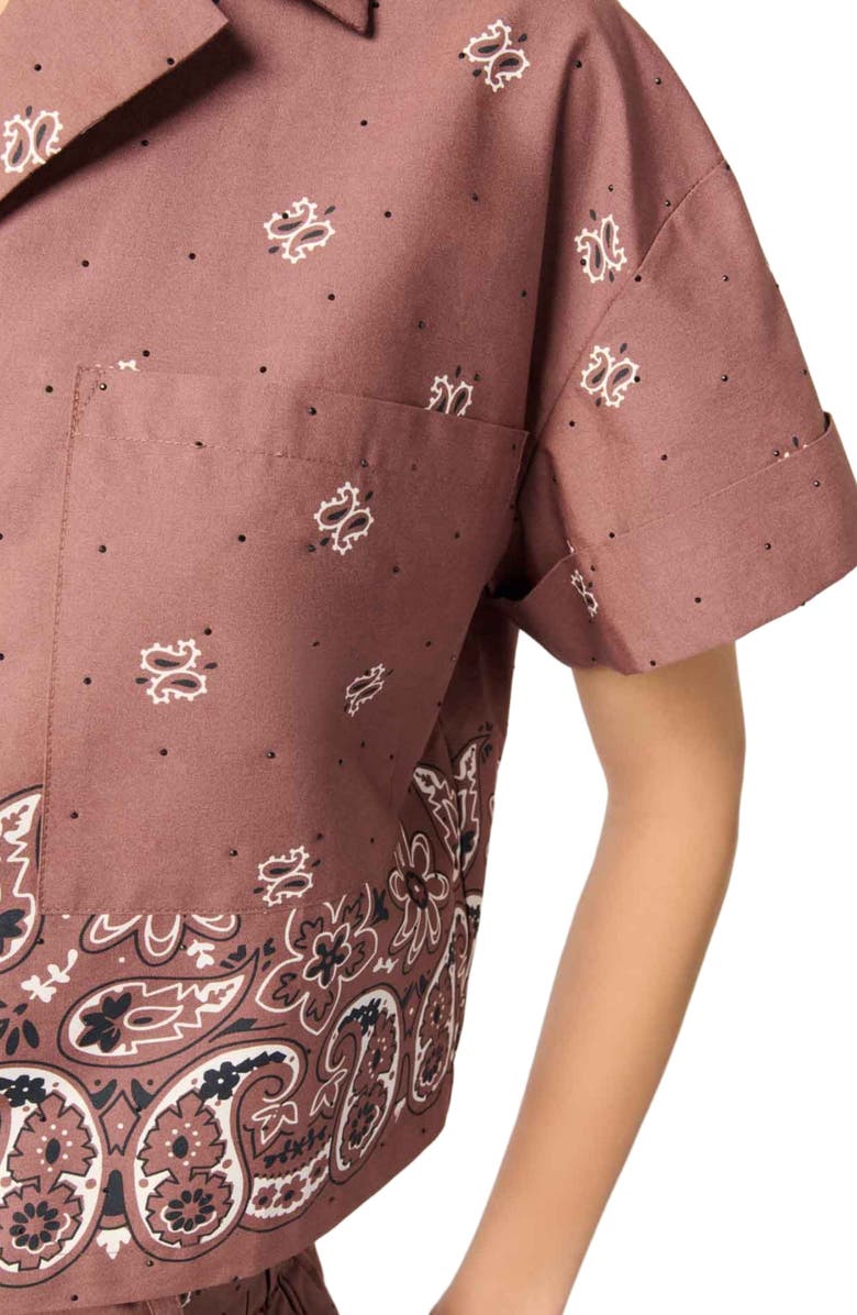 maje Patterned rhinestone cropped shirt, Alternate, color, Brown Bandana Print