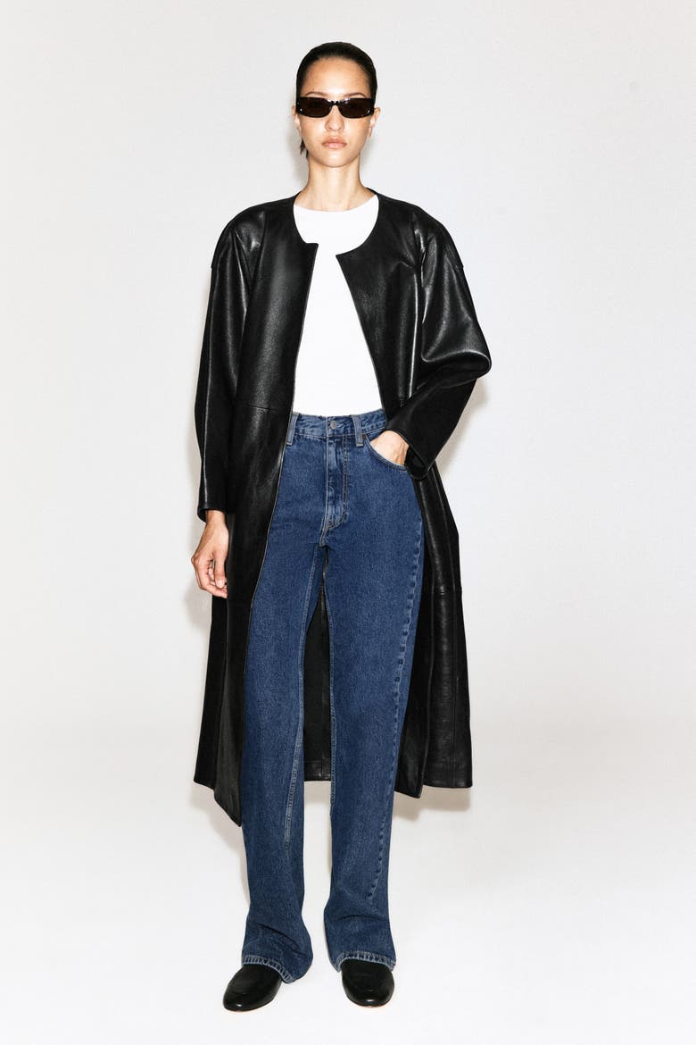 Paneled Leather Long Coat, Alternate, color, BLACK