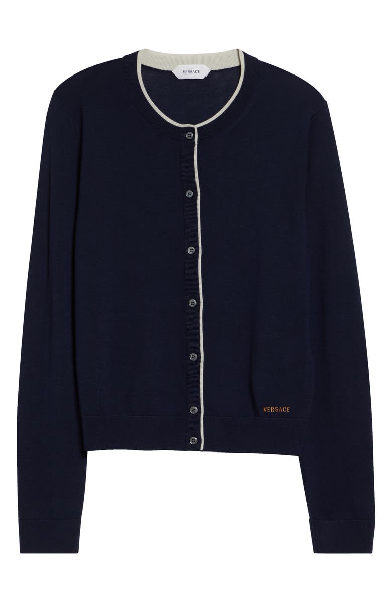 Versace Tipped Wool Blend Cardigan, Main, color, Navy
