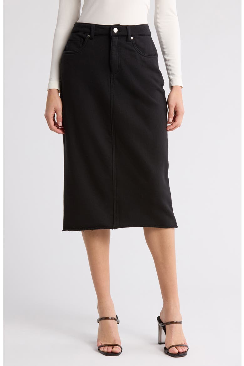 Alma Raw Hem Denim Midi Skirt, Main, color, BLACK