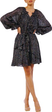 CIEBON Kerina Metallic Tie Waist Long Sleeve Dress