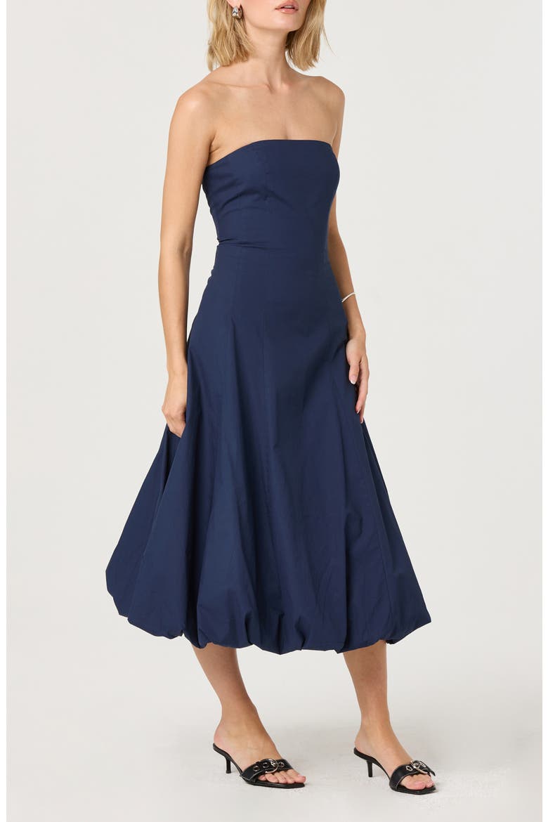 Strapless Bubble Hem Cotton Poplin Midi Dress, Alternate, color, NAVY