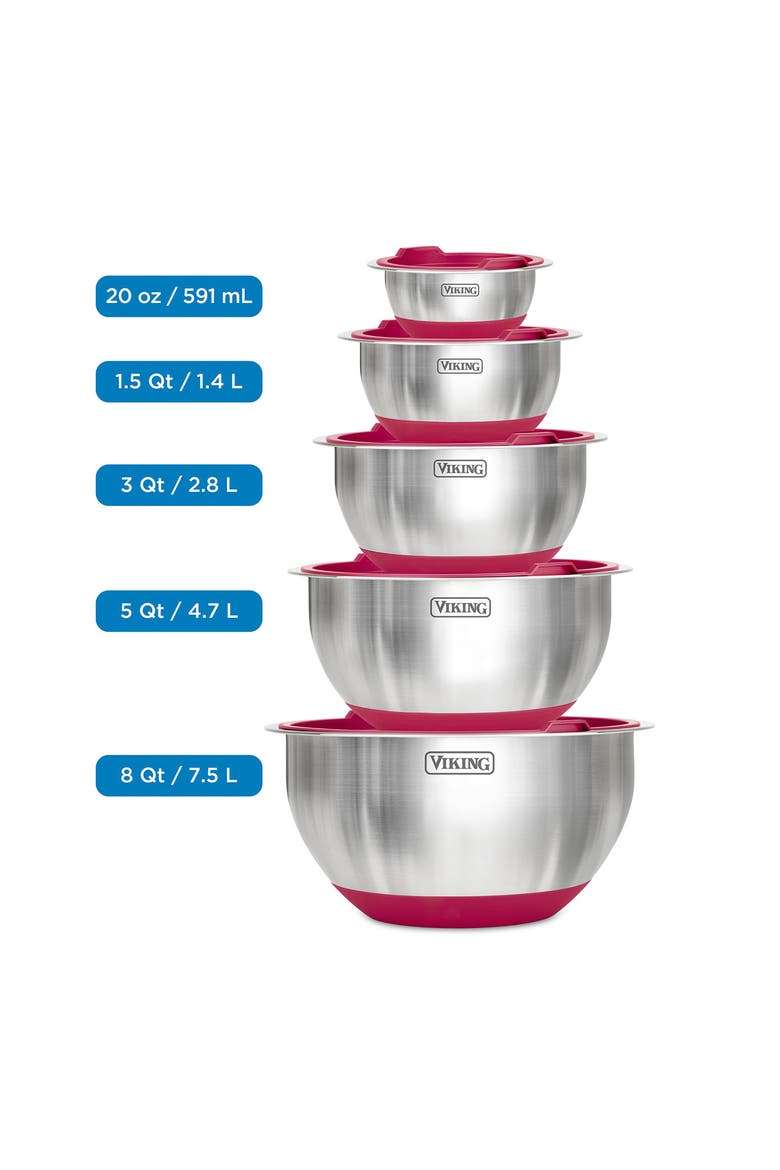 10-Piece Stainless Steel Mixing Bowl Set with Lids, Alternate, color, RED